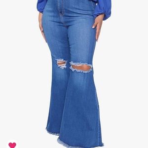 HannahZone Plus Size Flare Jeans Stretch Waisted Ripped Raw Hem Denim Pants